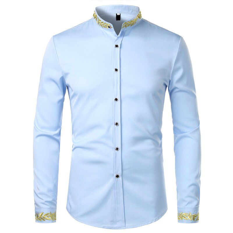 Black Gold Embroidery Shirt Men 2020 Spring New Mens Dress Shirts Stand Collar Button Up Shirts Chemise Homme Camisa Masculina