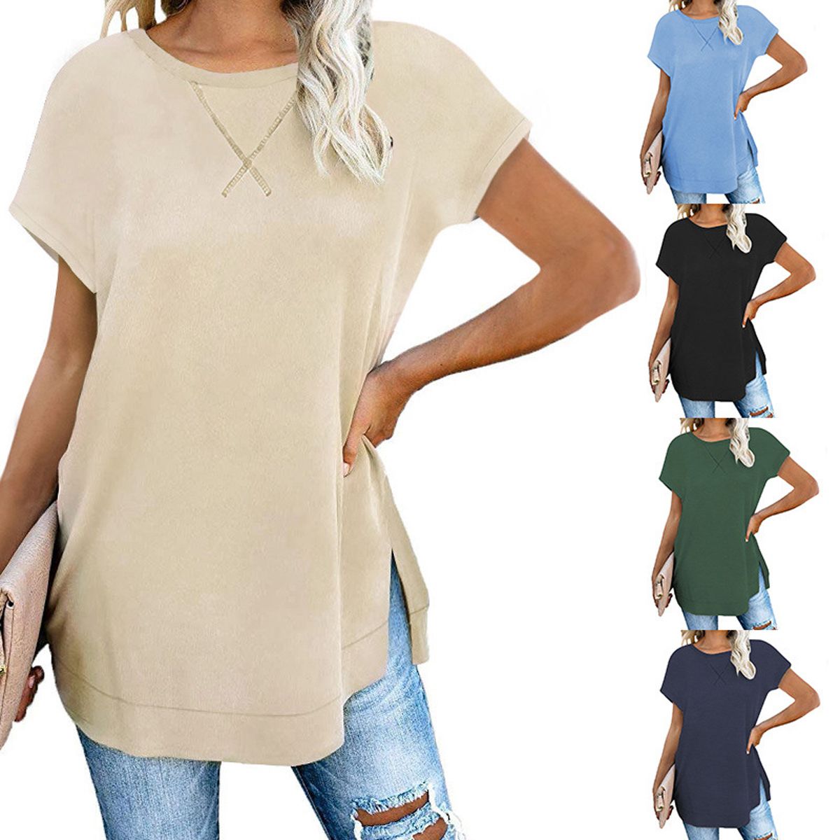 Women Summer Top, Solid Color Loose Round-Neck Outfit, Short Sleeve Split Wild Fashion Pullover Tunic Casual Top Shirt