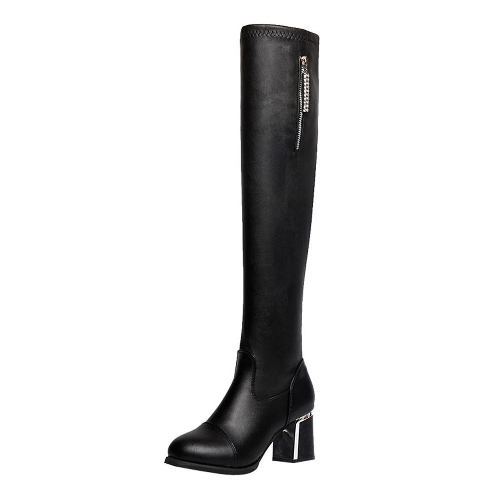 【ALLGOOD】New arrivals korean fashion boots for women ladies Women Leather Zipper Square Heel High Boots Over The Knee Shoes Rhinestone Boots Women Foreign Version winter Booots