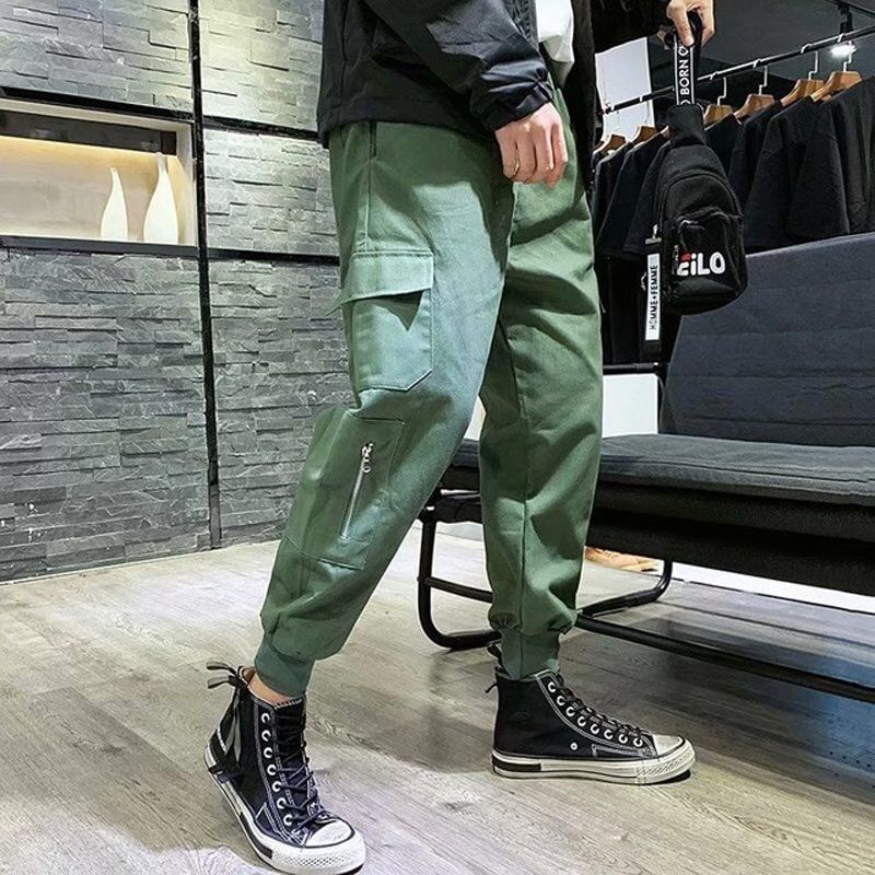 Streetwear Ribbons Casual Pants Men Black Slim Mens Joggers Pants Side-ckets Cotton Man Trousers