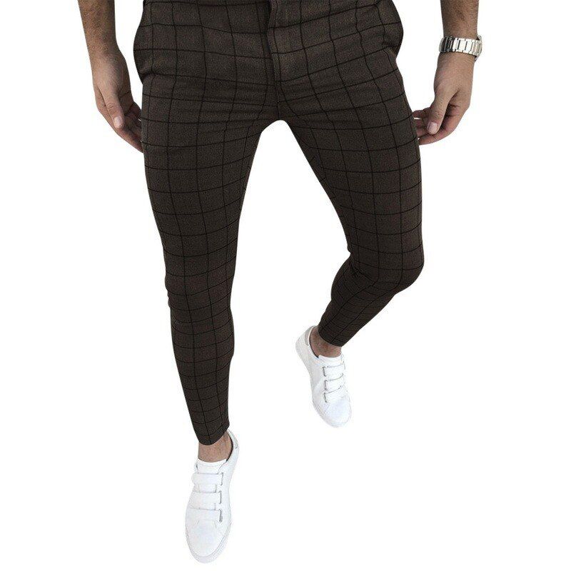 Men's Casual Pants Plaid Social Slim Fit Black Trousers Zipper Mid Waist Skinny Business Office Work Party Male Summer Stretchy