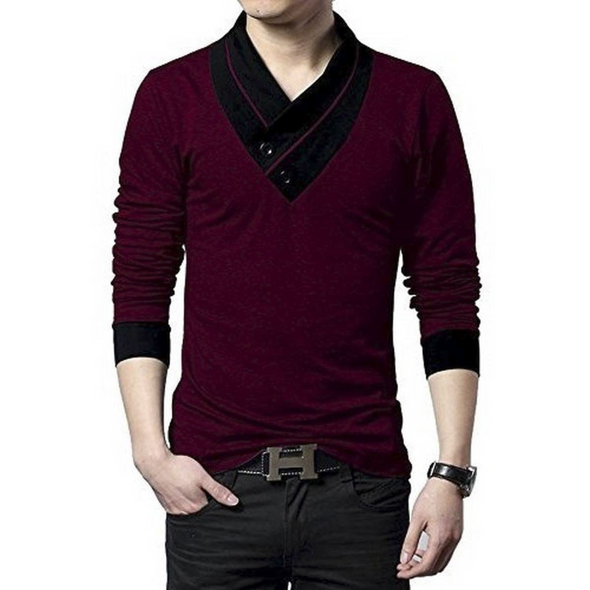 Men's Fashion - Maroon Cotton full sleeve V-Neck T-Shirt For Men