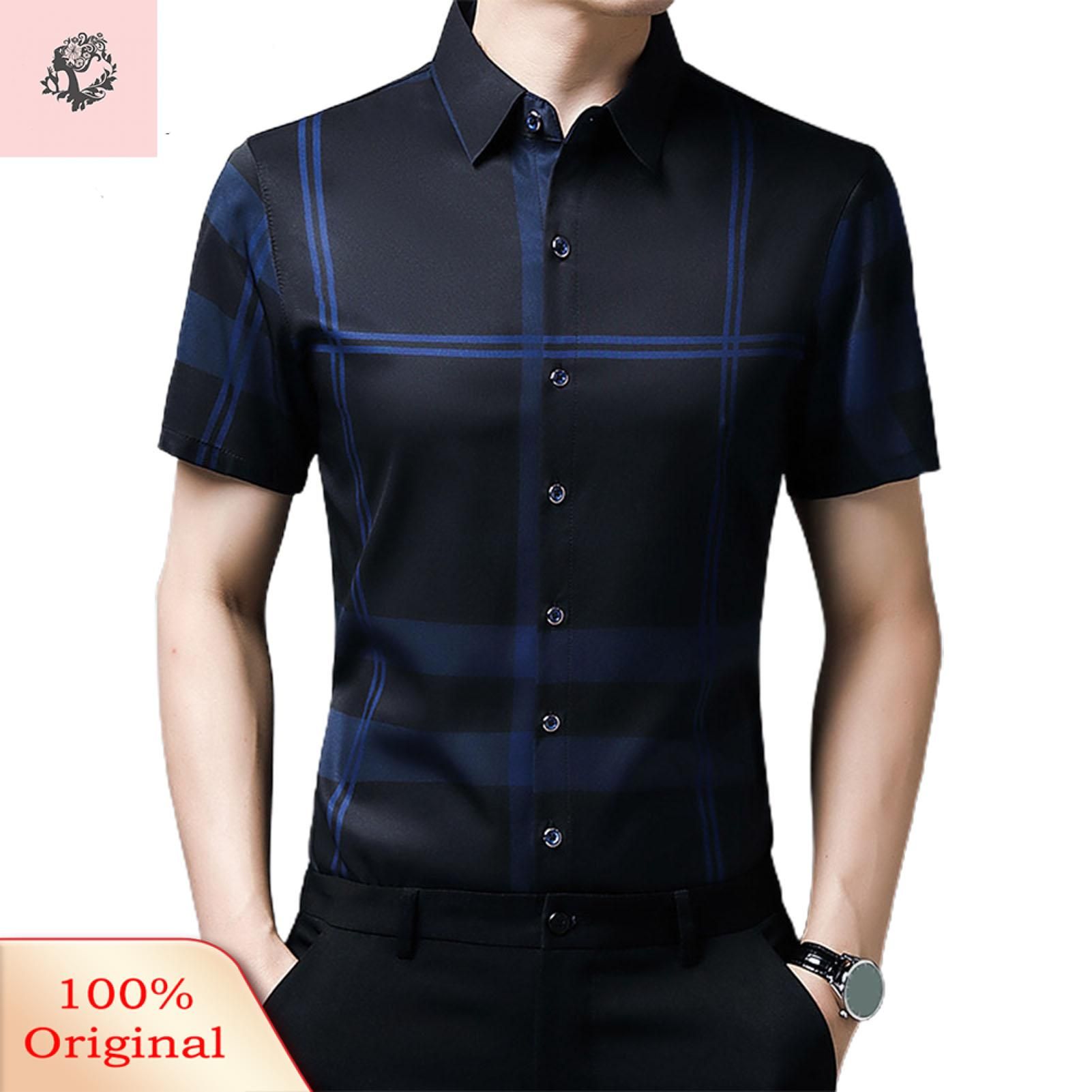 Sunnyheart Men Shirt Soft Fabric Turn-down Collar Stripe Print Formal Shirt