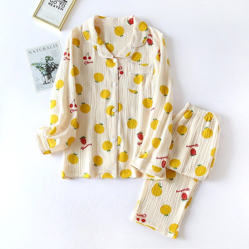 Cotton Crepe Heart Print Women Pajamas Thin Sleepwaer Pyjamas Women  Soft Loose Pajama Set Casual Long Sleeve Pijamas Suit