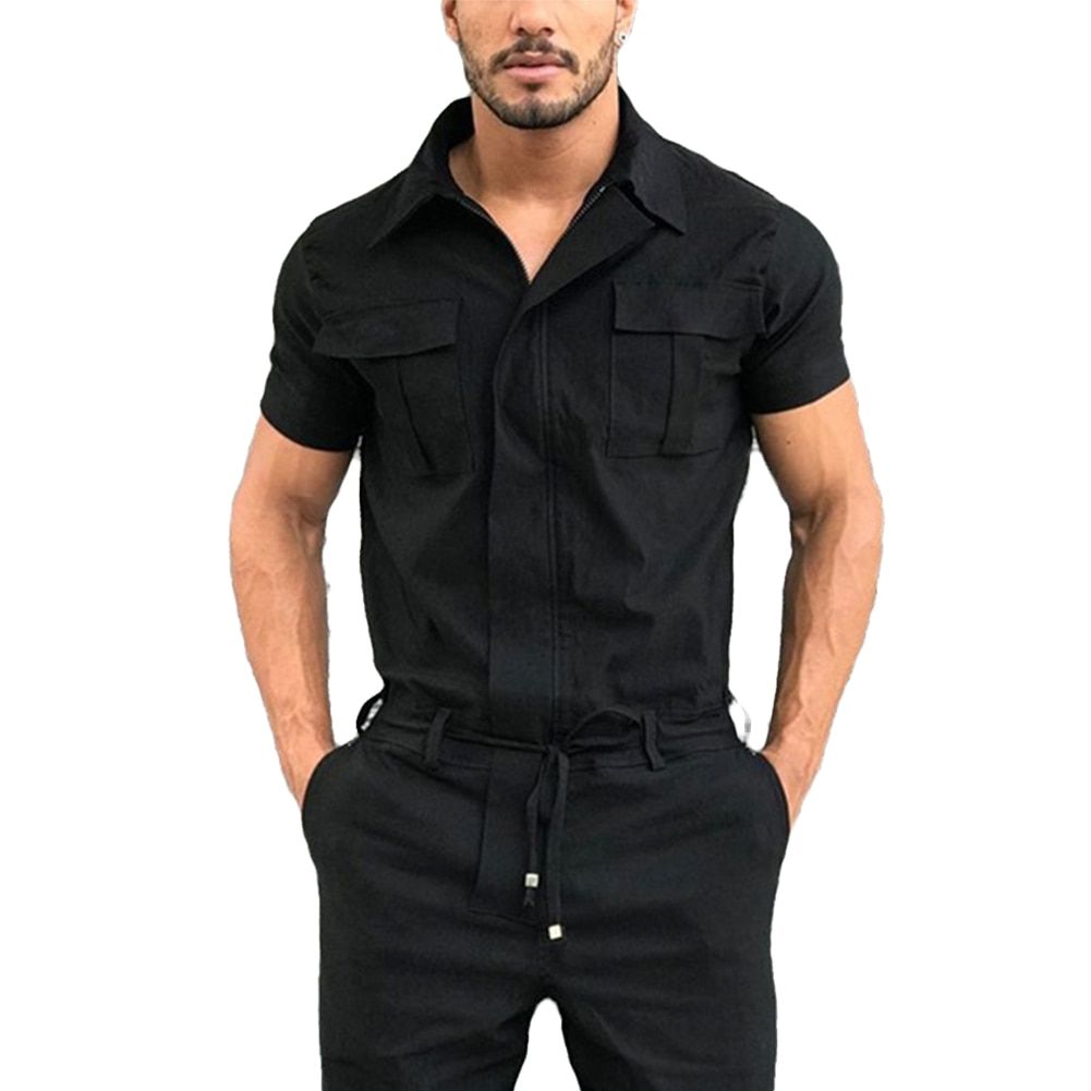 Fall Men Short Sleeve Basic Work Coverall Male Pure Color Cargo Overalls Casual Street Wear Jumpsuit Men's Fashion Overalls