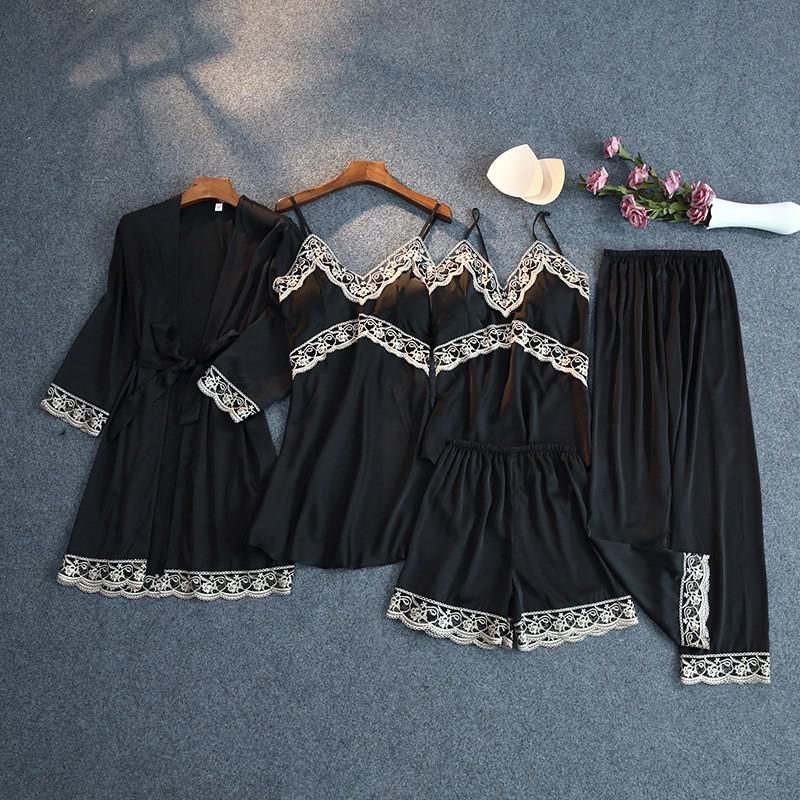 Print Pajamas Set Silky Women 5 Piece Sleepwear Satin Lace Sleep Pyjama Lounge with Belt ChPads y Strap Home Nightwear