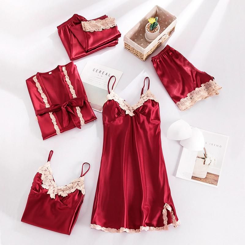5PCS Sleepwear Sleep Suit y Womens Lace Pajamas Sets V-Neck Satin Pijamas Intimate Lingerie Spring Nightwear Home Wear PJS