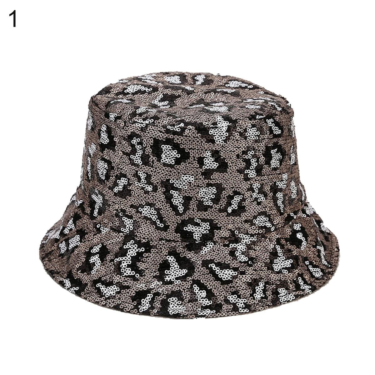 Women Fisherman Hat Sequins Leopard Pattern Stage Performance Bucket Basin Cap