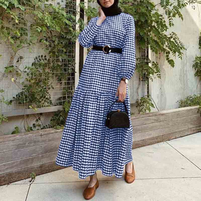 ZANZEA Womens Long Sleeve Check Abaya Dress Casual Loose Baggy Maxi Dress