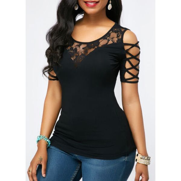 Personality Fashion  Women Cold Shoulder Round Neck T Shirts Summer Short Sleeve Floral Lace Slim Tee Tops
