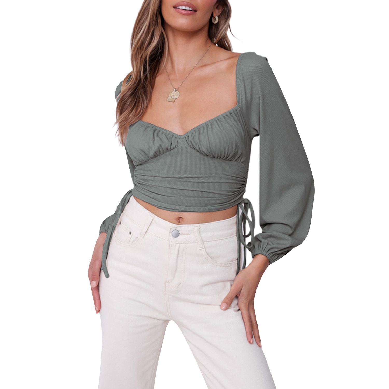 Women’s Casual Lantern Sleeve T-shirt Fashion Solid Color Square Collar Drawstring Exposed Navel Tops