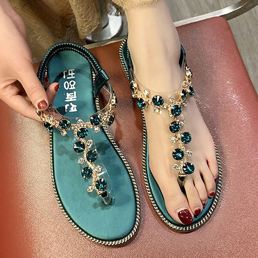 Womens Ladies Girls Korean Sandals for Women Women Thong Sandals T-Type Open Toe Rhinestone Flat Bottom Roman Sandals Shoes Women Casual Flat Shoes Fashion Shoes Work