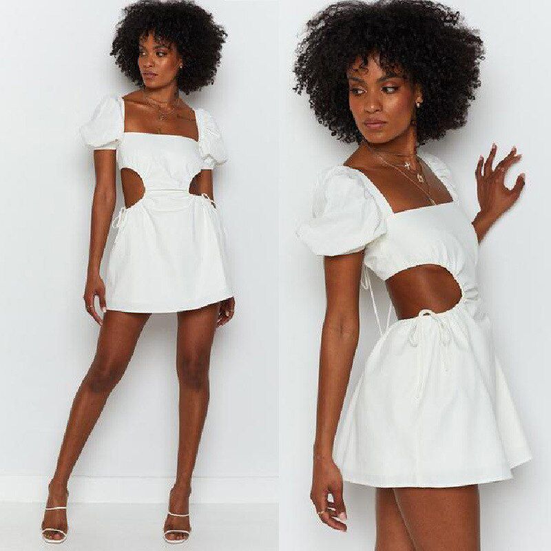 2021 Summer New Sexy Backless Tament Women's 6-Color Square Collar Lace-Up Hollow Out Puff Sleeve A-Line Dress Femme Robe