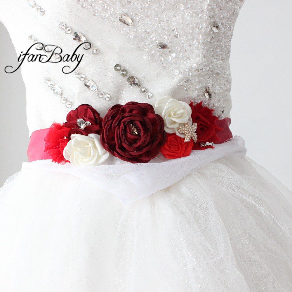 Burgundy sash belt Beach Flower Sash for Bridal wedding with rhinestone flower headband Women Maternity belt