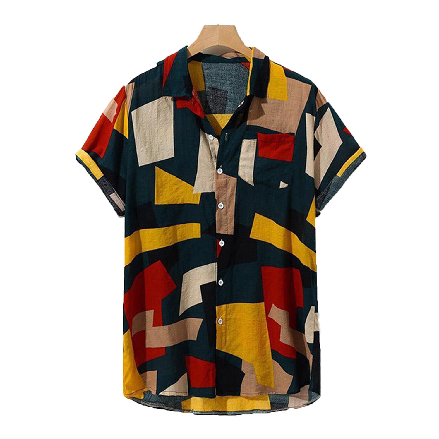 Summer Men Shirt Short-sleeved Breathable Floral Printed Button-up Lapel Shirt for Beach