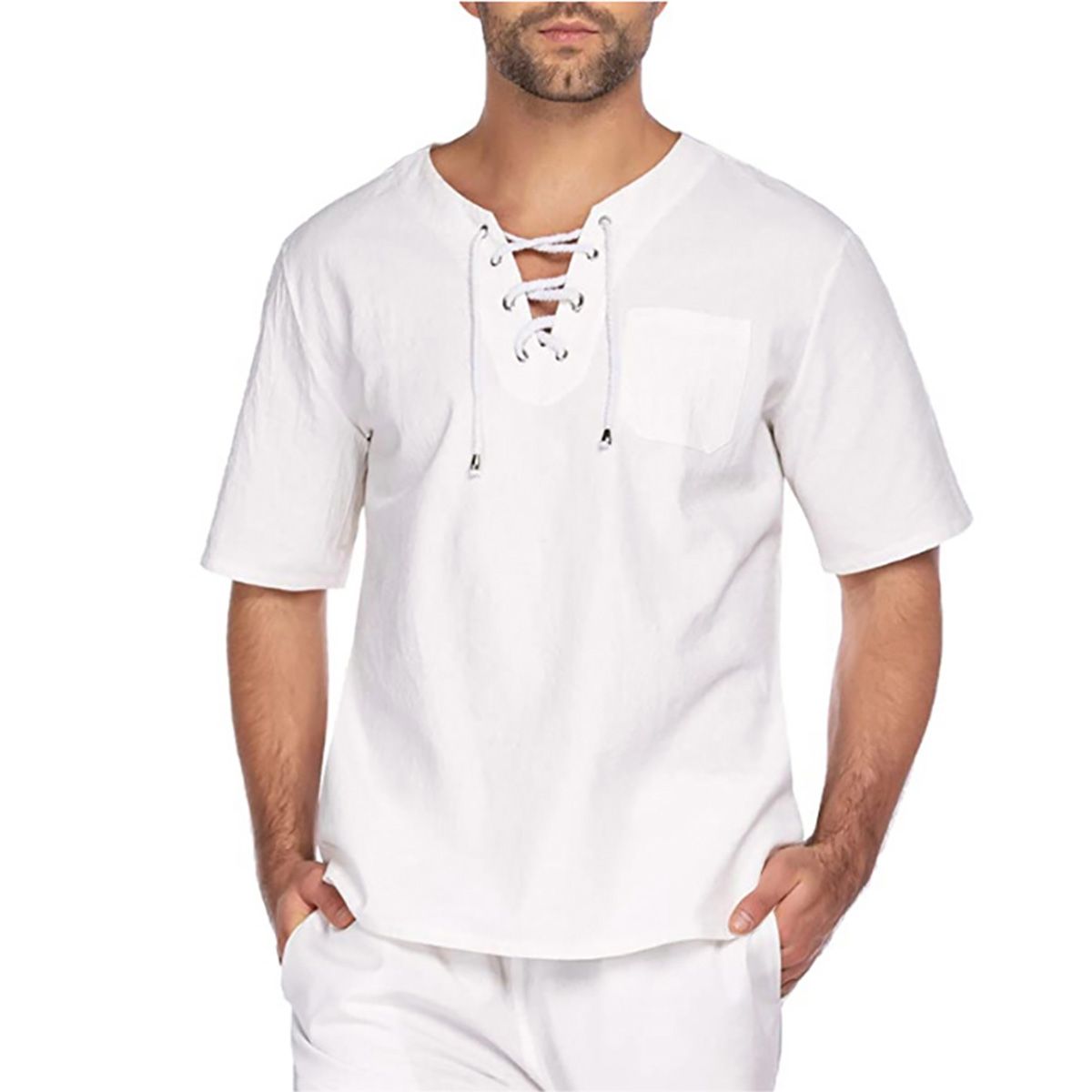 Casual Summer Men Solid Color Short Sleeve Bandage Pocket Linen T-shirt Top