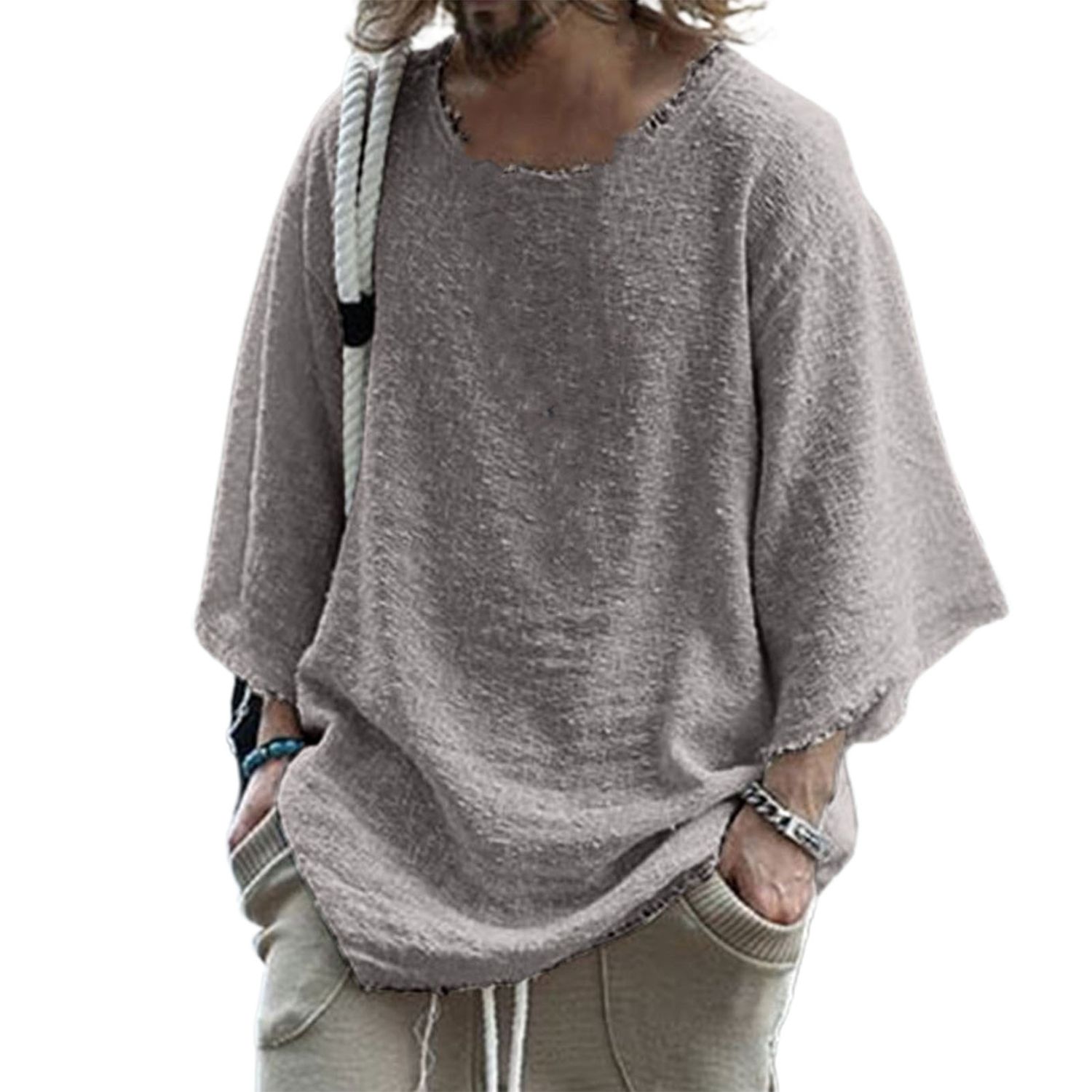 Men T-shirt Solid Color Loose Streetwear Long Sleeve Burrs Edge Top for Dating