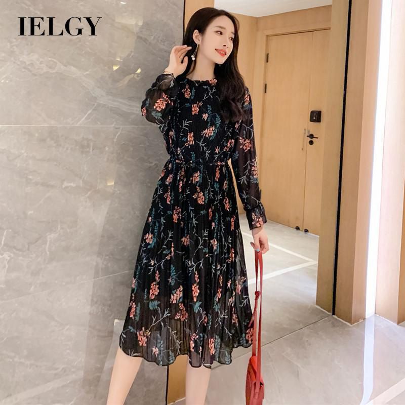IELGY Women's clothes loose versatile floral long sleeves chiffon dress printed simple fashion