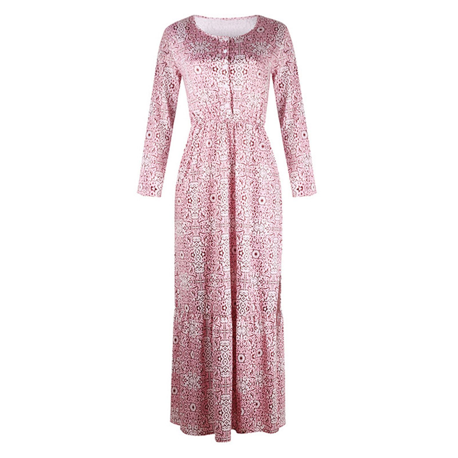 Maxi Dress Printed Split Women Long Sleeve Round Neck Buttons Dress for Dating