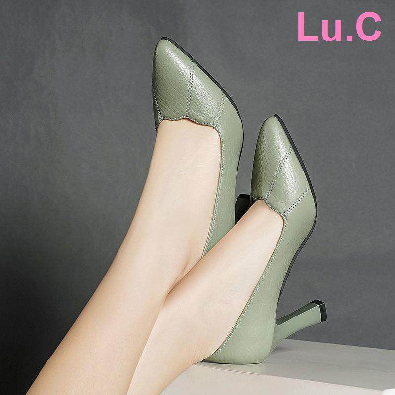 korean style tinggi high heels for women woman shoes heels ladies shoes heels Really soft leather female new spring/ thick high-heeled shoes work leisure maccha point