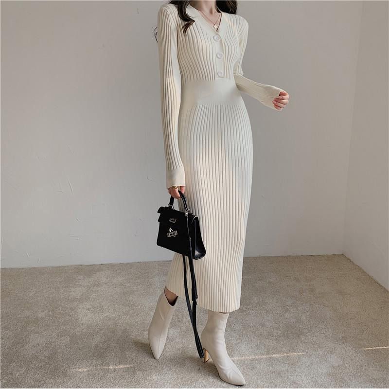 Tight-fitting Knitted Dress Female Evening Party Tunic V-neck Pullover Long Vintage Autumn Winter 2022 Trend Elegant Dresses