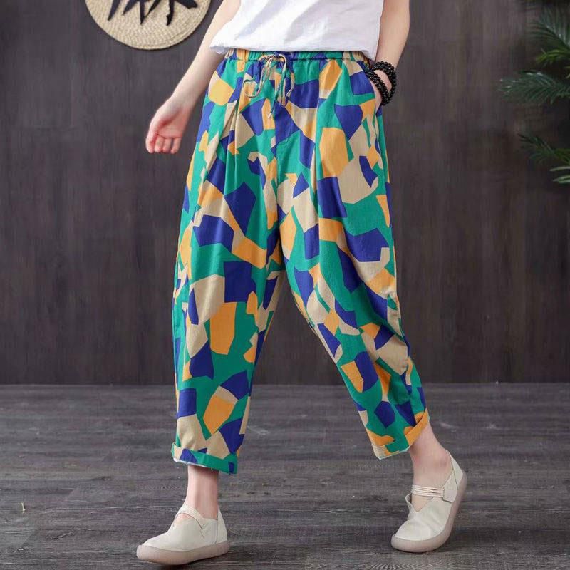 Spring Summer Women Pants Plus Size Elastic Waist Geometric Cotton Linen Harem Pants Vintage print Loose Wide Leg Pants D44