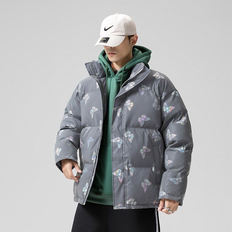 FOJAGANTO Men's Winter Parka Coat Fashion Loose Silk-Like Cotton Trendy  Reflective Printed Jackets Coat Men