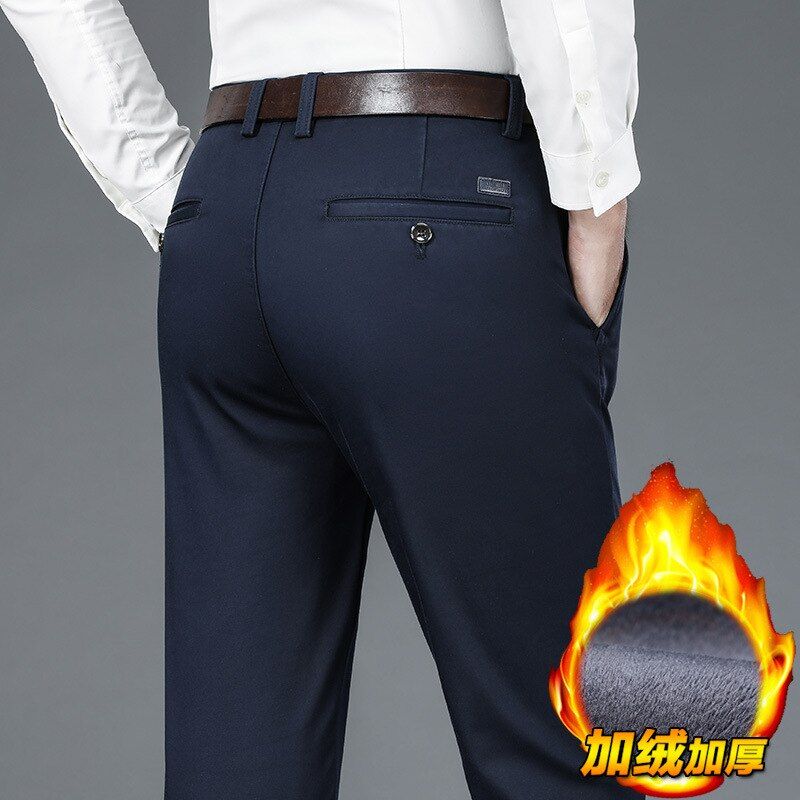 Winter Brand Men's Fitted Straight Pants Classic Style Fleece Thick Warm Business Casual High Waist Trousers Gray Blue