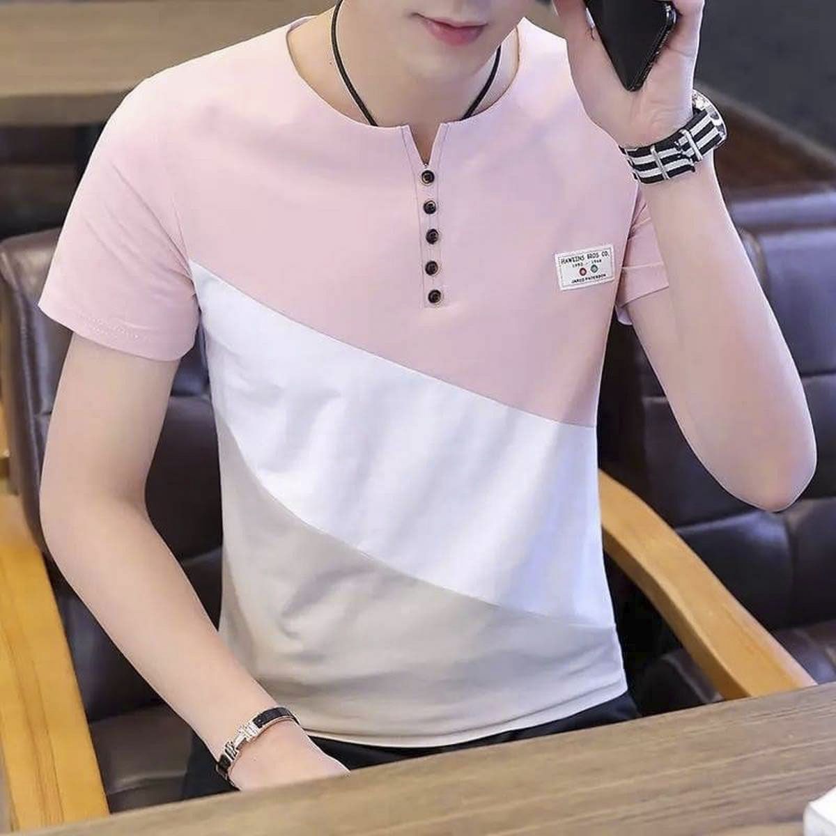 Pink / White  & Grey Cotton Half Sleeve T-Shirt for Men
