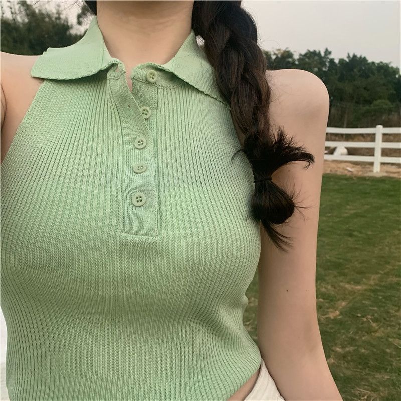 Women's Rib Knit Tank Tops, Sleeveless Solid Color Slim Fit Button Front Lapel Crop Tops