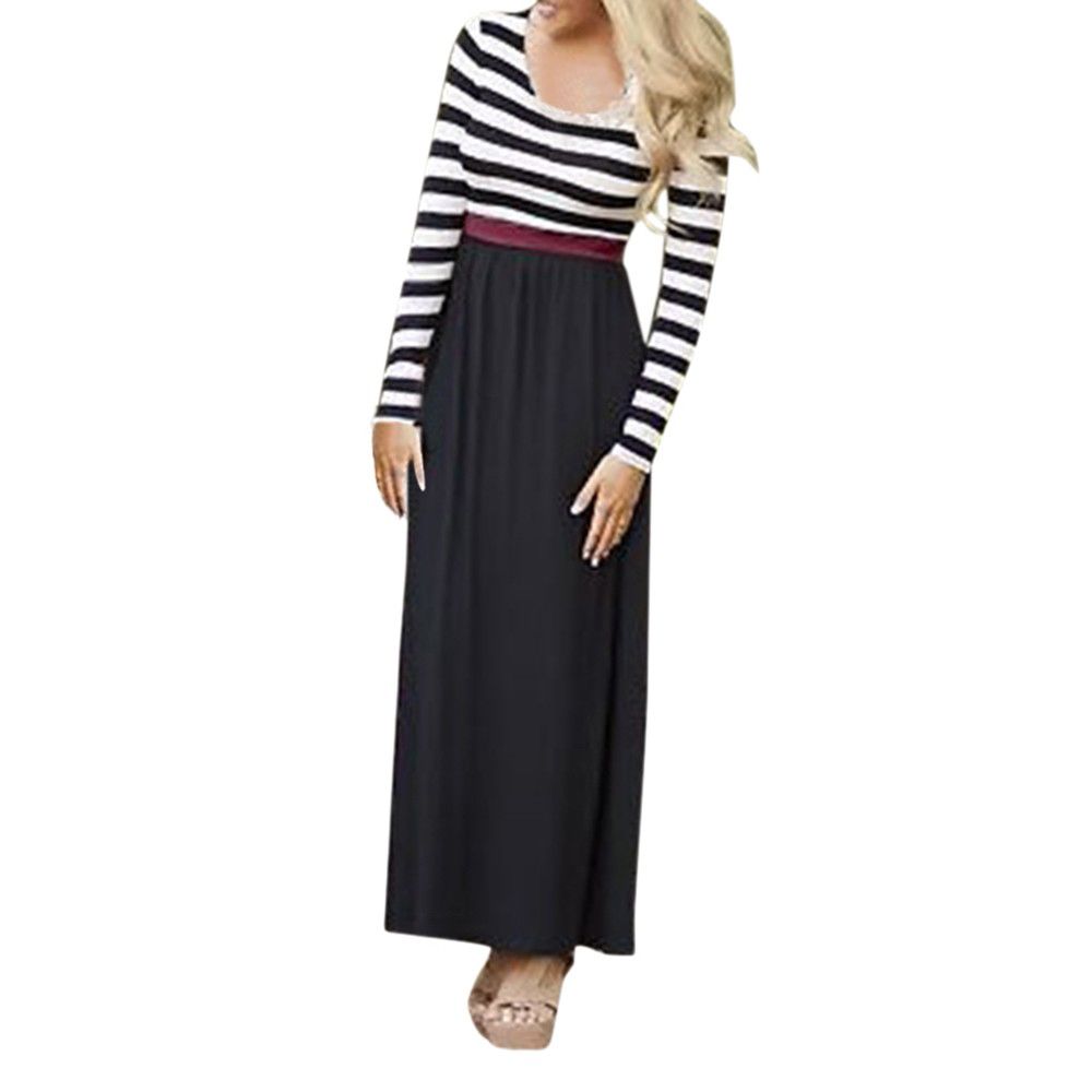 【ALLGOOD】Autumn Women Striped Print Slim Dress Patch Family Casaul Clothes