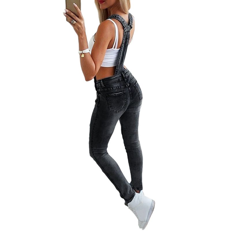 Women's Fashion Ripped Denim Bib Overalls, One Piece Skinny Leg Distressed Jeans Jumpsuits