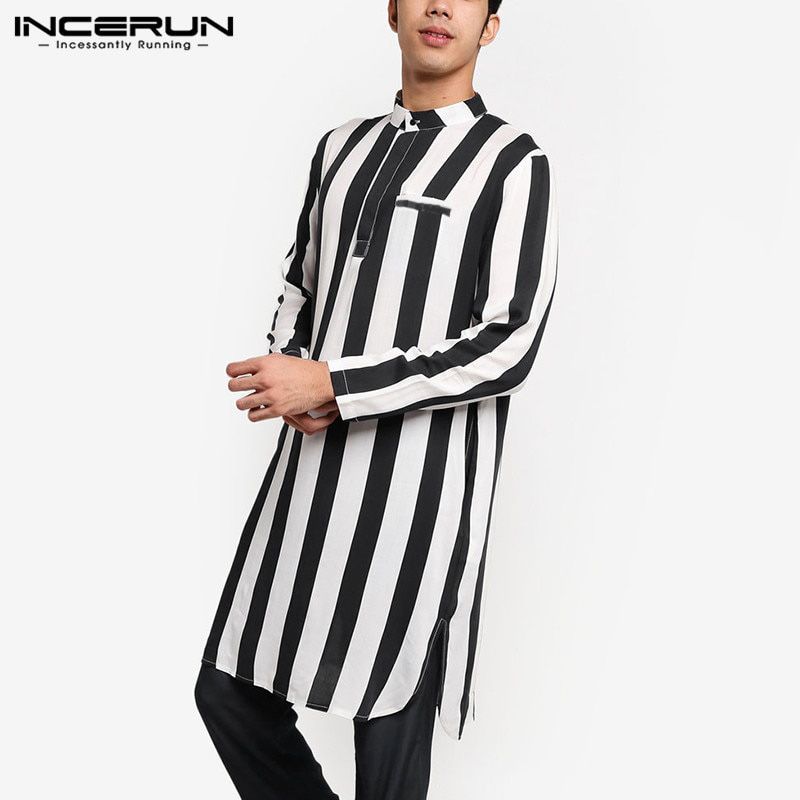2021 Fashion Men Striped Kurtas Long Shirts Long Sleeve Stand Collar Muslim Katan Streetwear Mens Indian Clothes INCERUN S-5XL