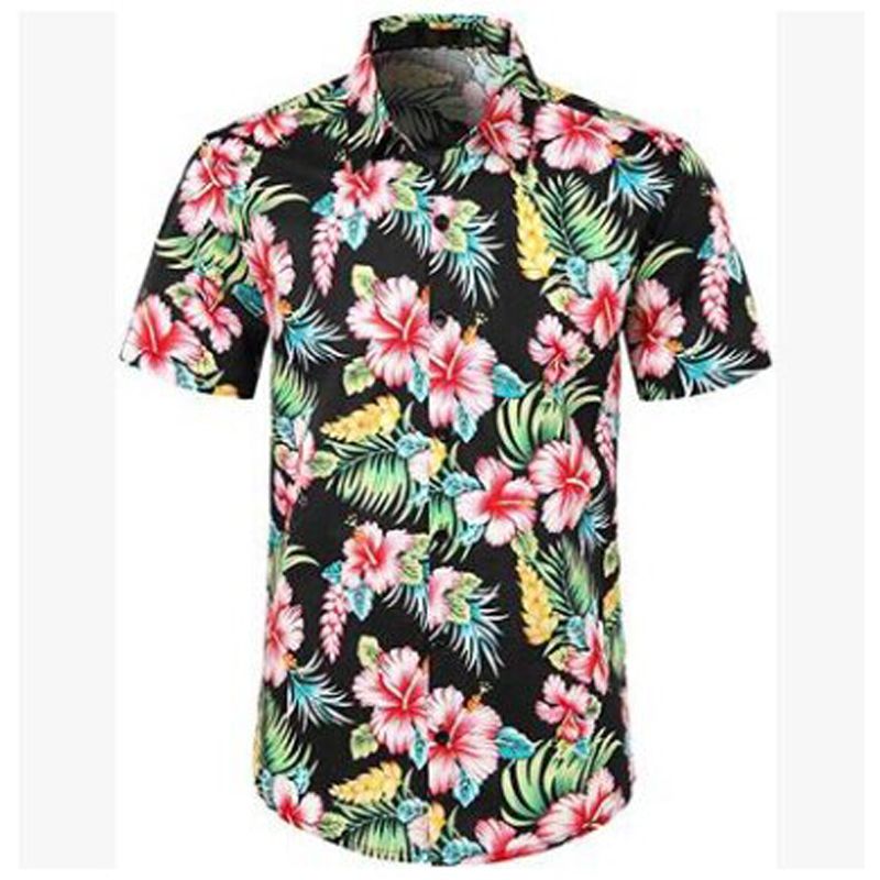 2021 Fashion Men‘s Short Sleeve Hawaiian Shirt Tops Fruit Floral Printed Blouse Plus Size Summer Casual Beach Shirts for Men