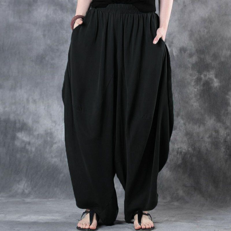 Summer Elastic Waist Loose Wide Leg Pants Woman Cotton Linen Vintage Solid Baggy Harem Pants Trousers Pantalon Femme