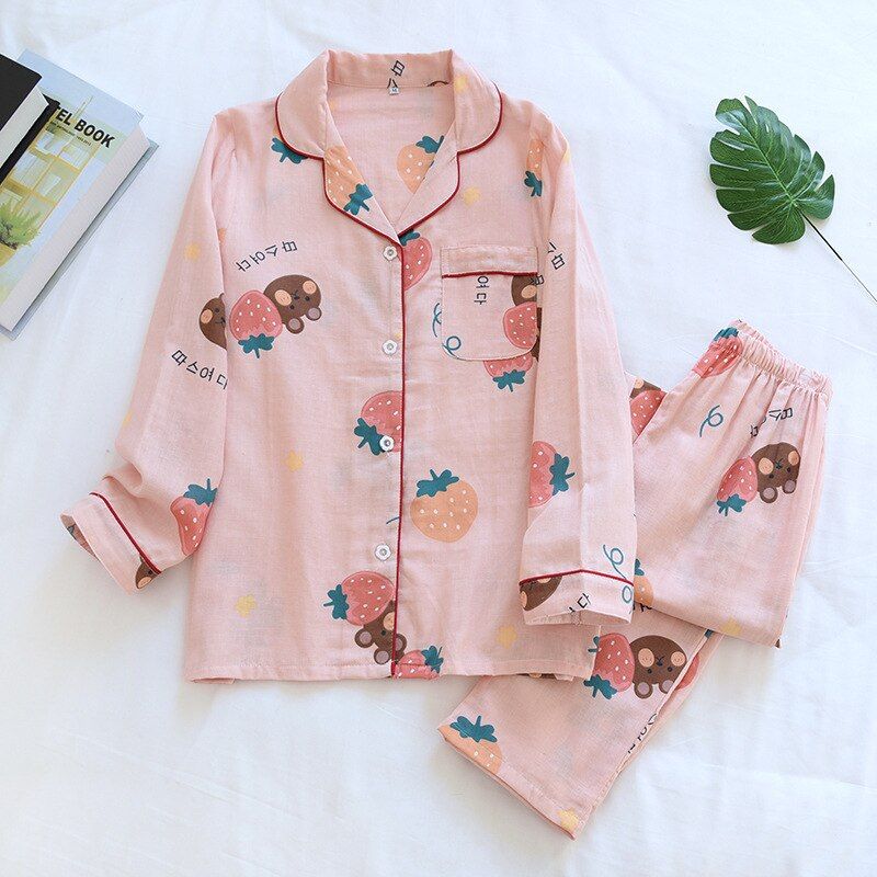 Ladies Pajamas Set 100% Gauze Cotton Cartoon Avocado Printed 2Pcs Turn-down Neck Shirt+Pants Comfort Fresh And Nature Women