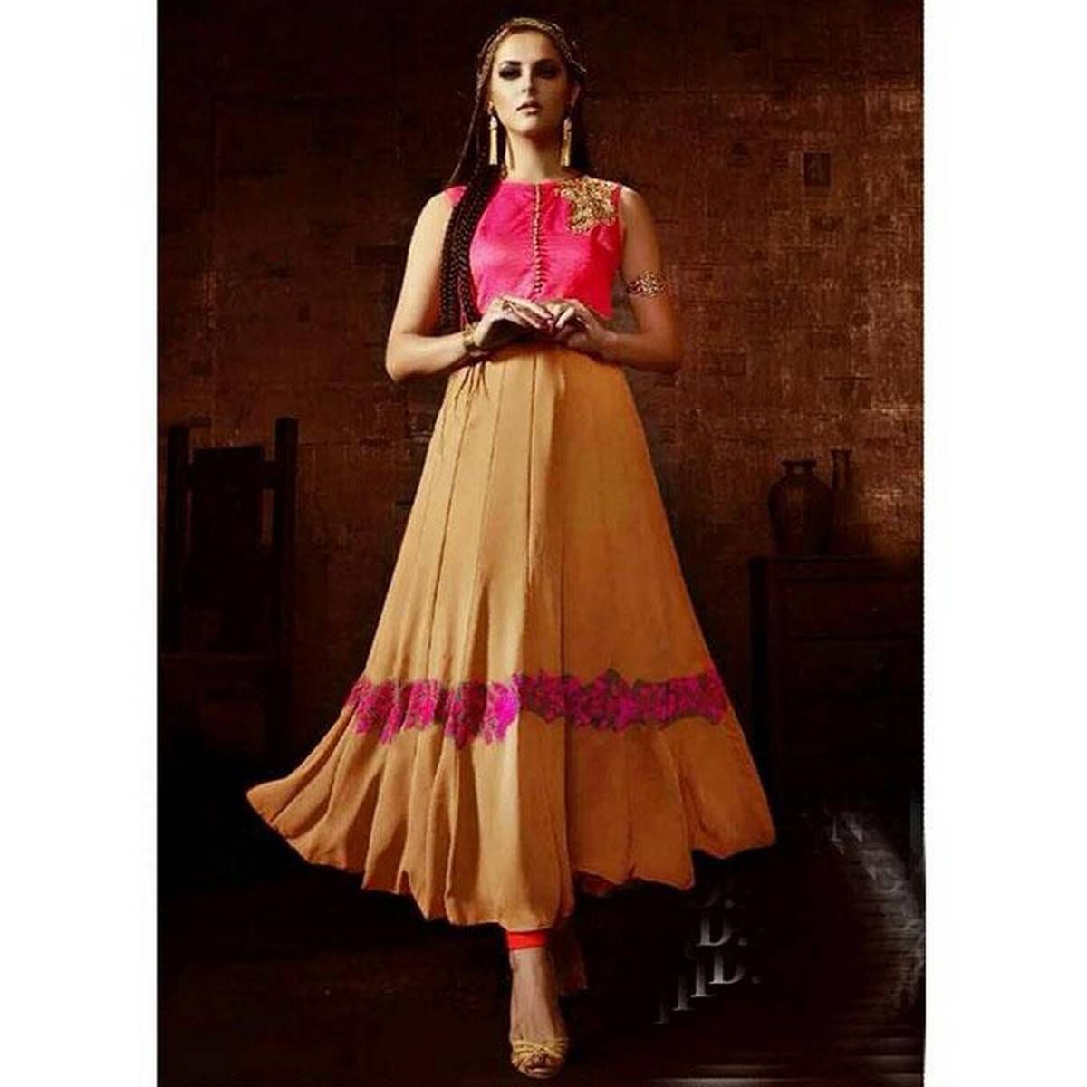 Fashionable Orange and Pink Georgette Semi Stitched Gown for Women