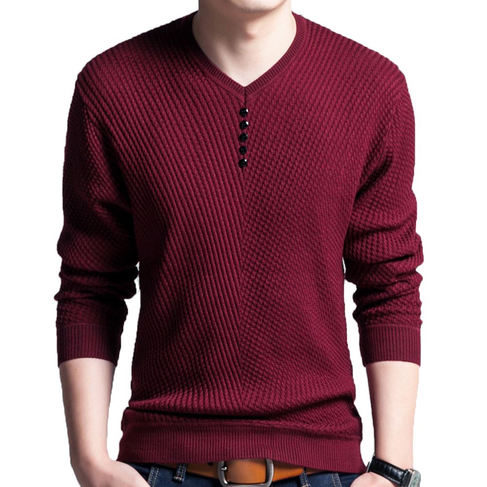 Sunnyheart Chic Men Solid Color V Neck Long Sleeve Pullover Slim Fit Knitted Sweater Blouse