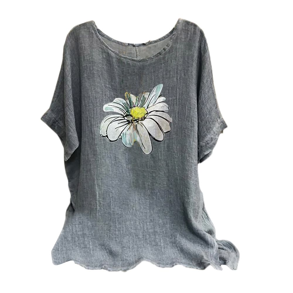 Women Summer Blouse Top O Neck Short Sleeve Floral Print T-shirt