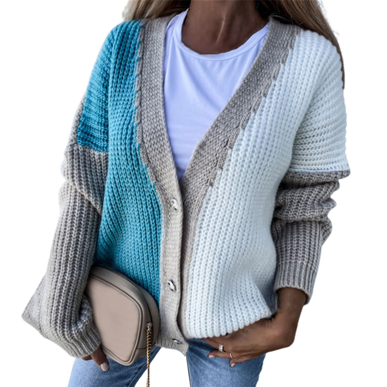 Sweater t Ribbed m Color Block Patchwork Buttons Knitted Cardigan