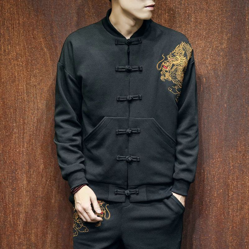 Chinese Style Dragon Embroidery Bomber Jacket Men Black Hop Jacket Streetwear Casual Mens Jacket Coats