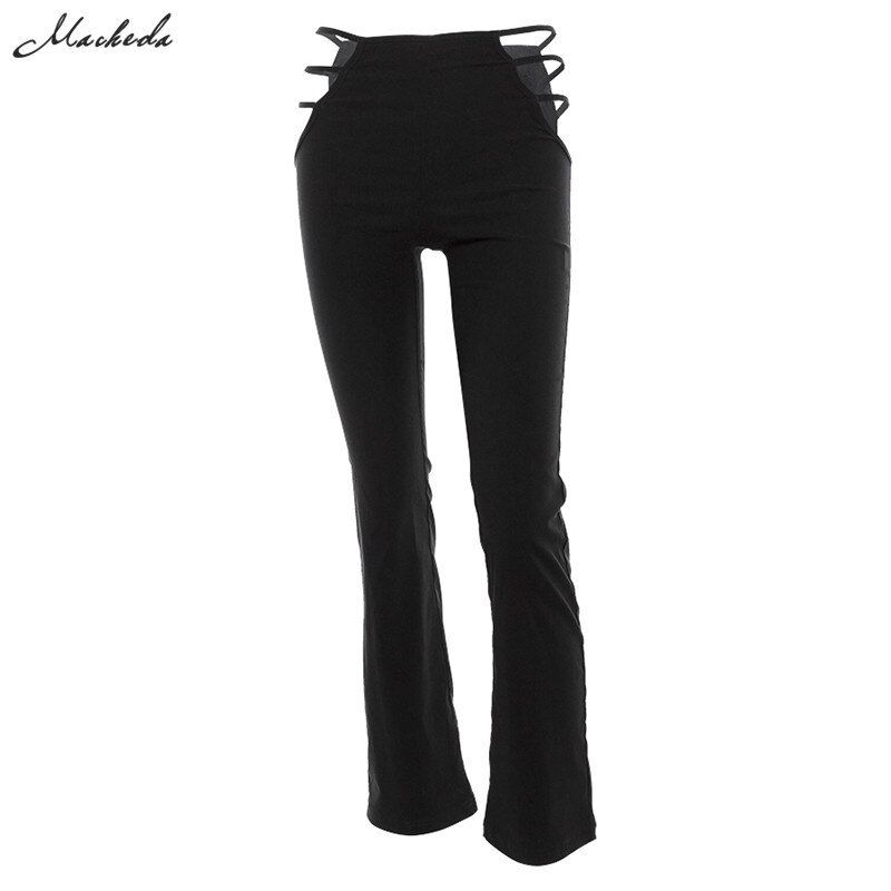 Macheda Women Black Cut Out Holes Pants Slim Fitness Sweat Pants Flare Hollow Out Trousers Streetwear Capris Pants