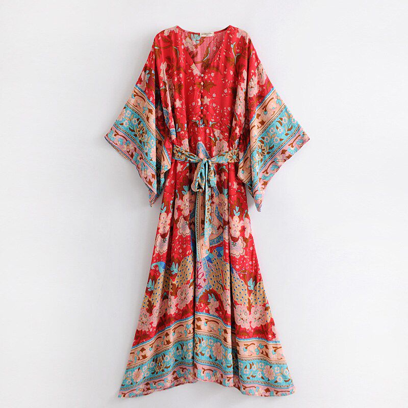 Vintage chic women red floral print bat sleeve beach Bohemian dresses Kimono  Ladies V neck sashes Boho maxi dress vestidos