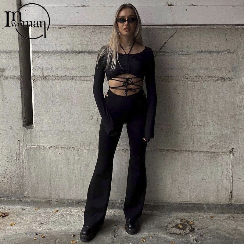 Women High Waist Bodycon Bell Bottom Pants Black Lace Up Flare Pants Female Party Skinny Wide Leg Pants Ladies