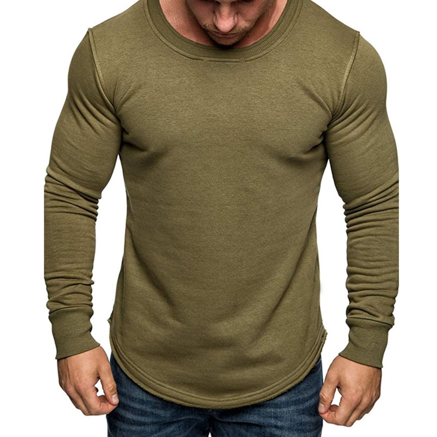 Men Pullover Crew Neck Solid Color Long Sleeve Autumn T-Shirt