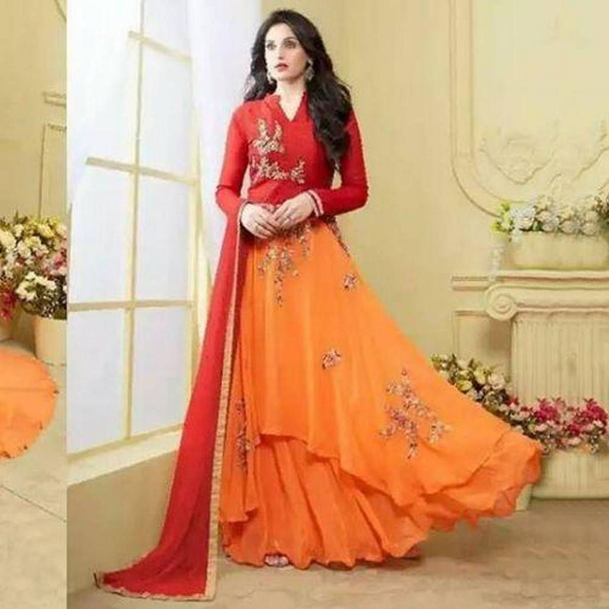 Unstitched Orange and Red Georgette Gown for Women