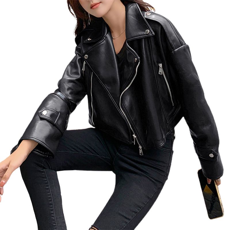 Women Solid Color Leather Jacket, Long Sleeve Turn-down Neckline Zipper Closure Coat, Black/ Brown