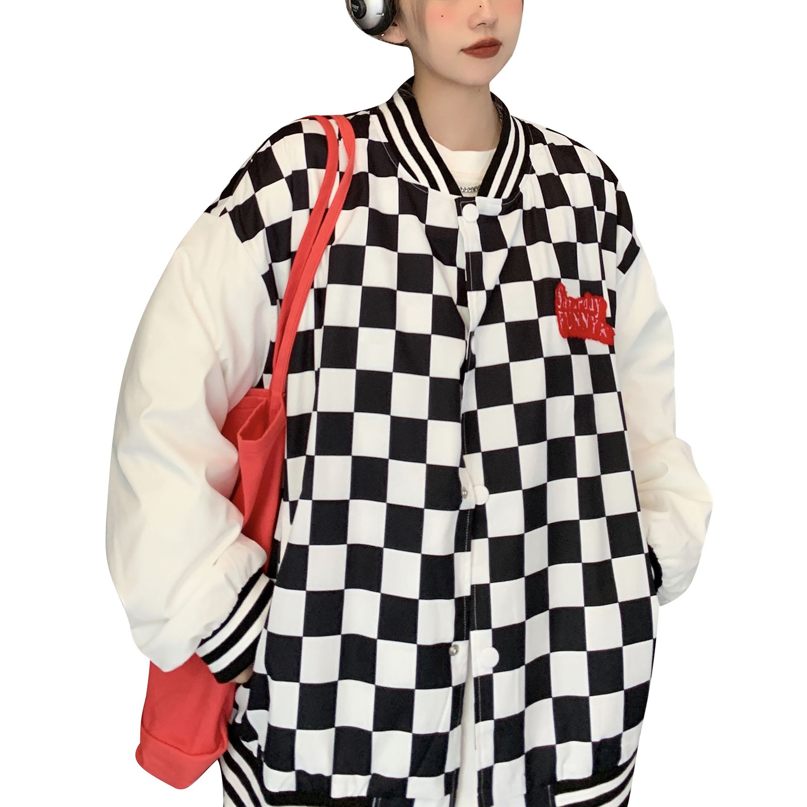 Women Color Block Baseball Jacket, Adults Letter Plaid & Stripe Pattern Stand Collar Long Sleeves Outerwear