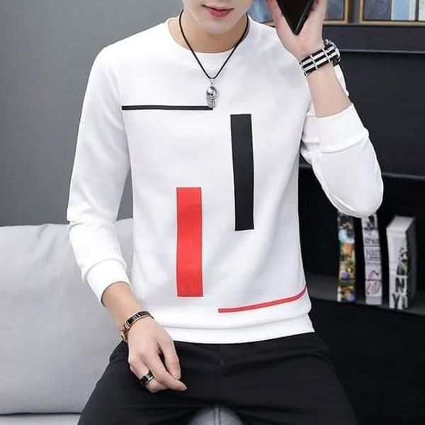White Cotton Full Sleeve T-Shirt For Men