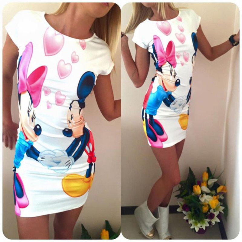 Disney Mickey Minnie Mouse Dress Women Fashion Print O-Neck Sleeveless Summer Mini Dresses Bodycon Slim Casual Pencil Vestidos